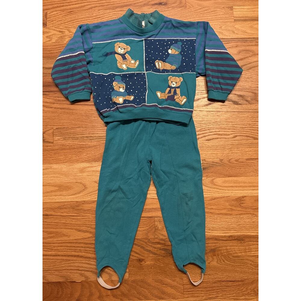Vtg 80s Girls SPUMONI 2 Pc Set Top Pants Teal Blue Winter Teddy Bears Size 4 SM